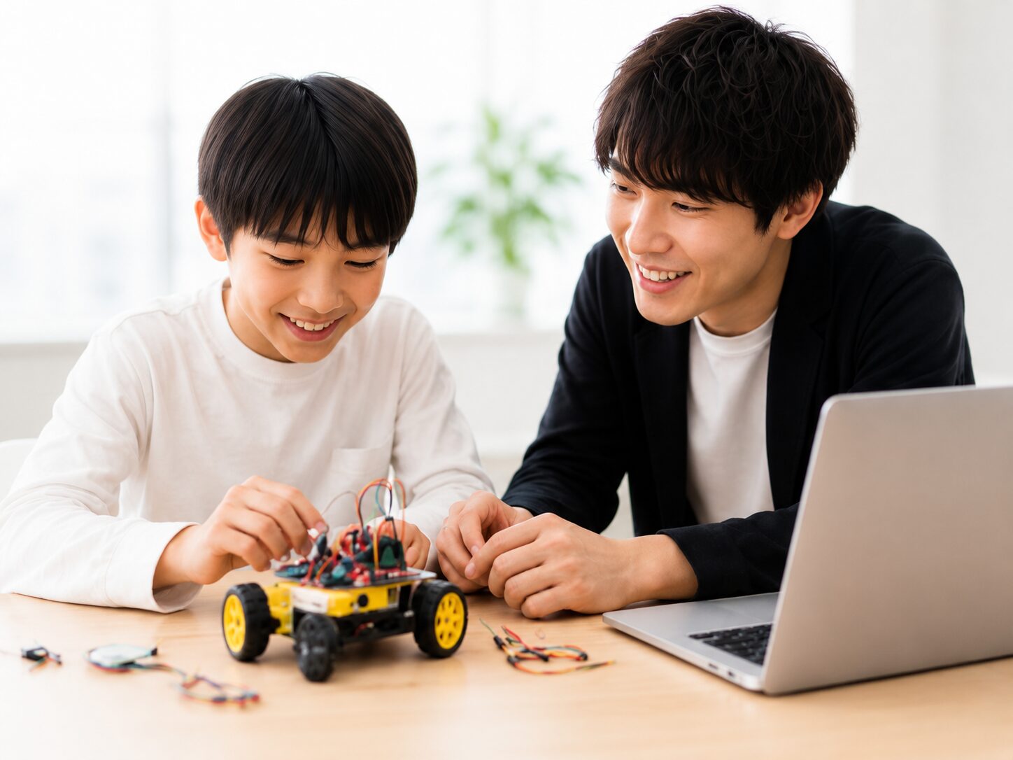 先生と生徒が電子工作をしている様子